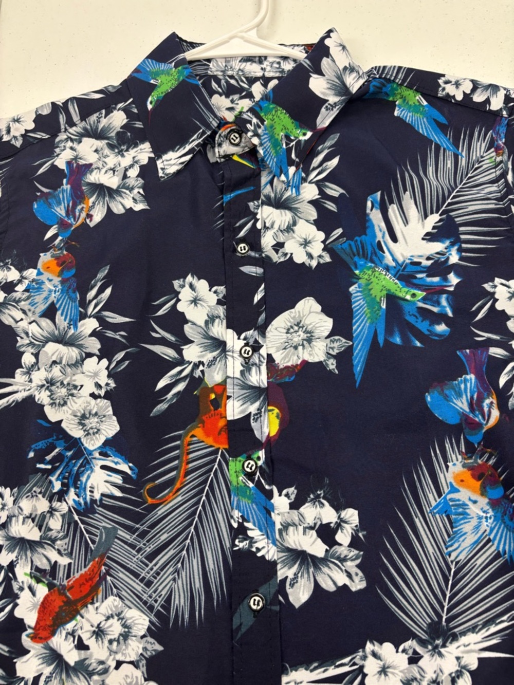 LINGDENG HAWAIIAN TROPICAL PARADISE SHIRT MEN MEDIUM DARK BLUE FLORAL &  BIRDS